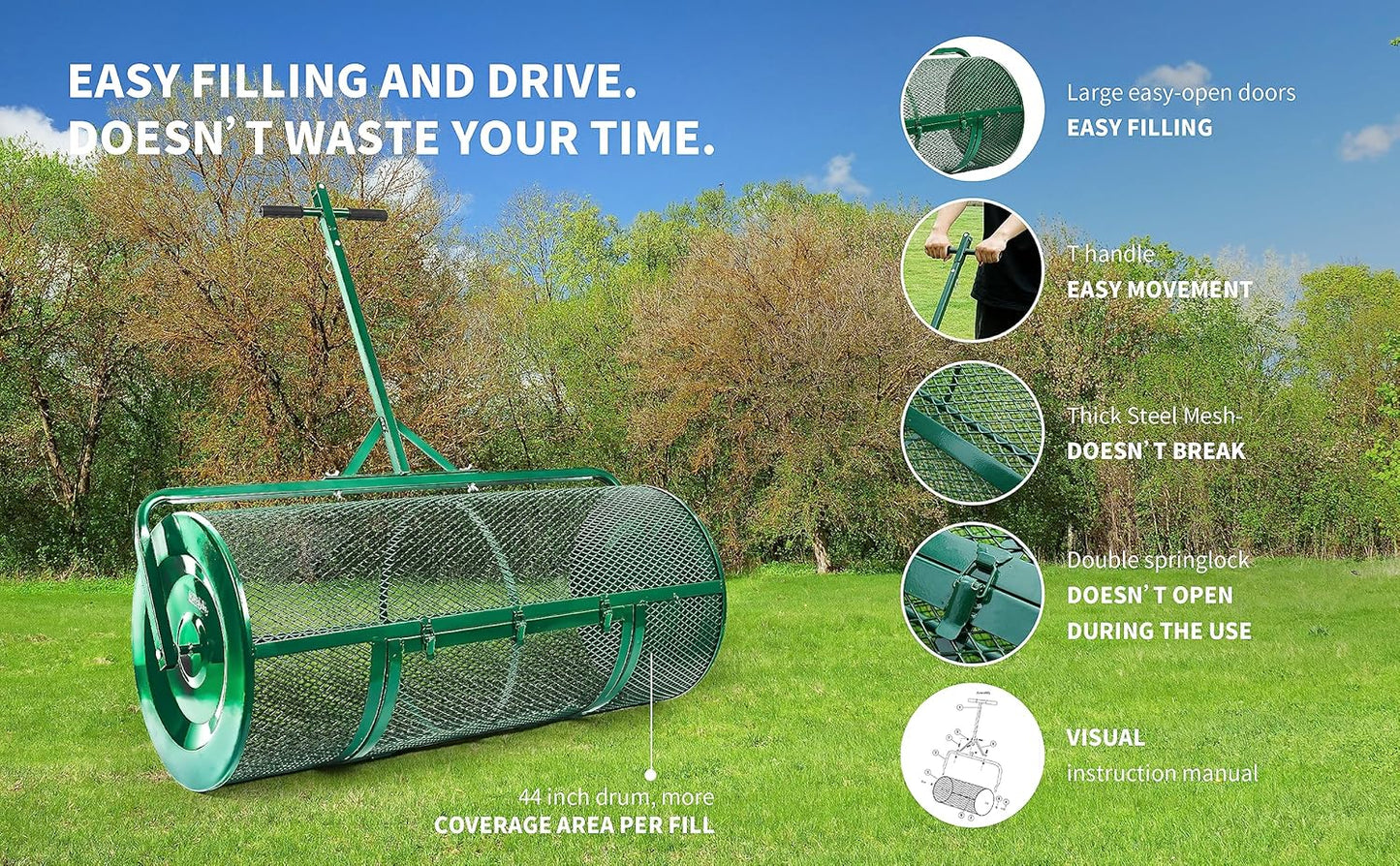 Lawn & Garden Spreaders - 44 Inch Compost Spreader with Improved T Shape Handle - Spreader for Top Dressing Compost, Fertilizer, Mulch and Soil-Strong and Lightweight Material for Basket