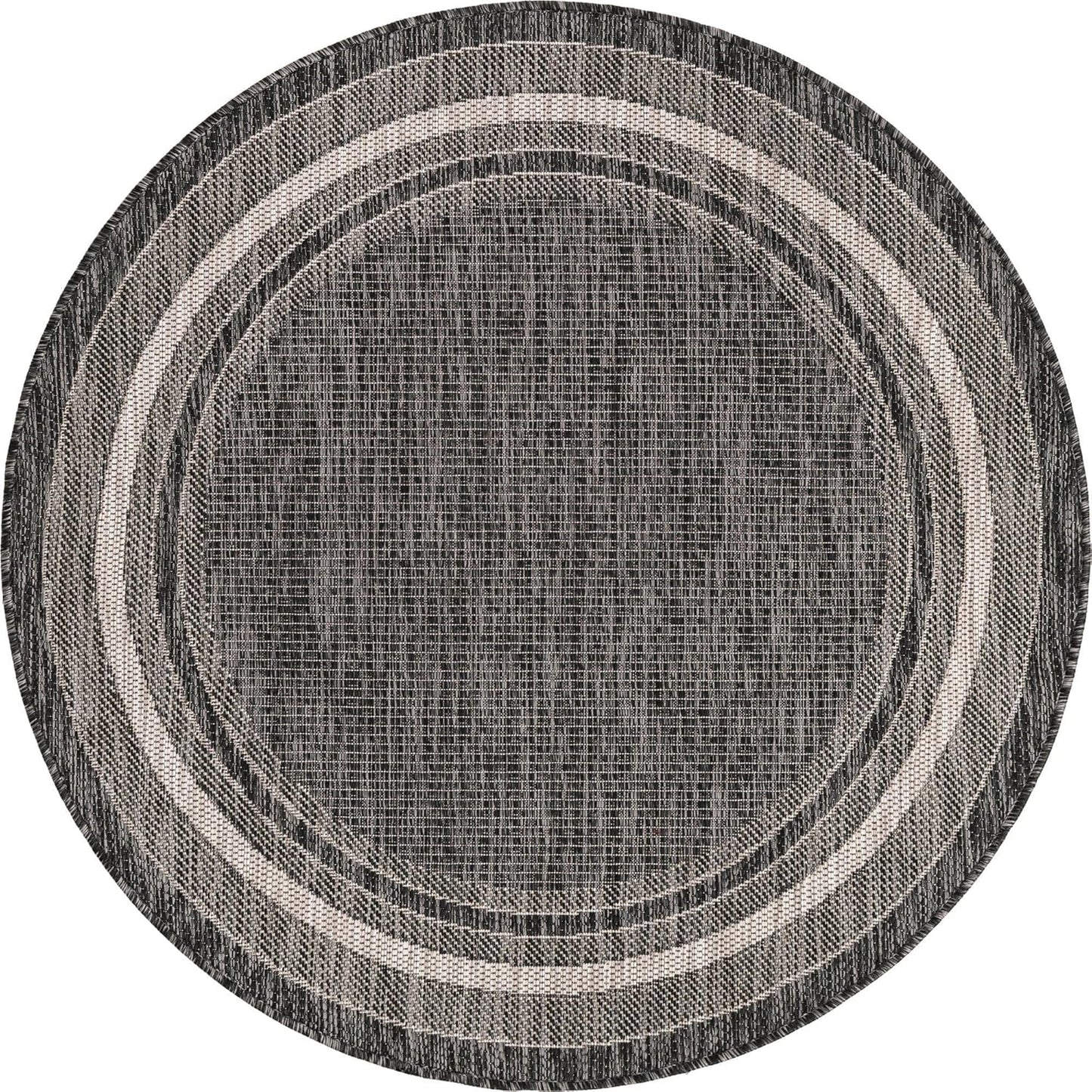 Unique Loom Outdoor Border Collection Area Rug - Soft Border (4' 1" Round, Black/ Ivory)