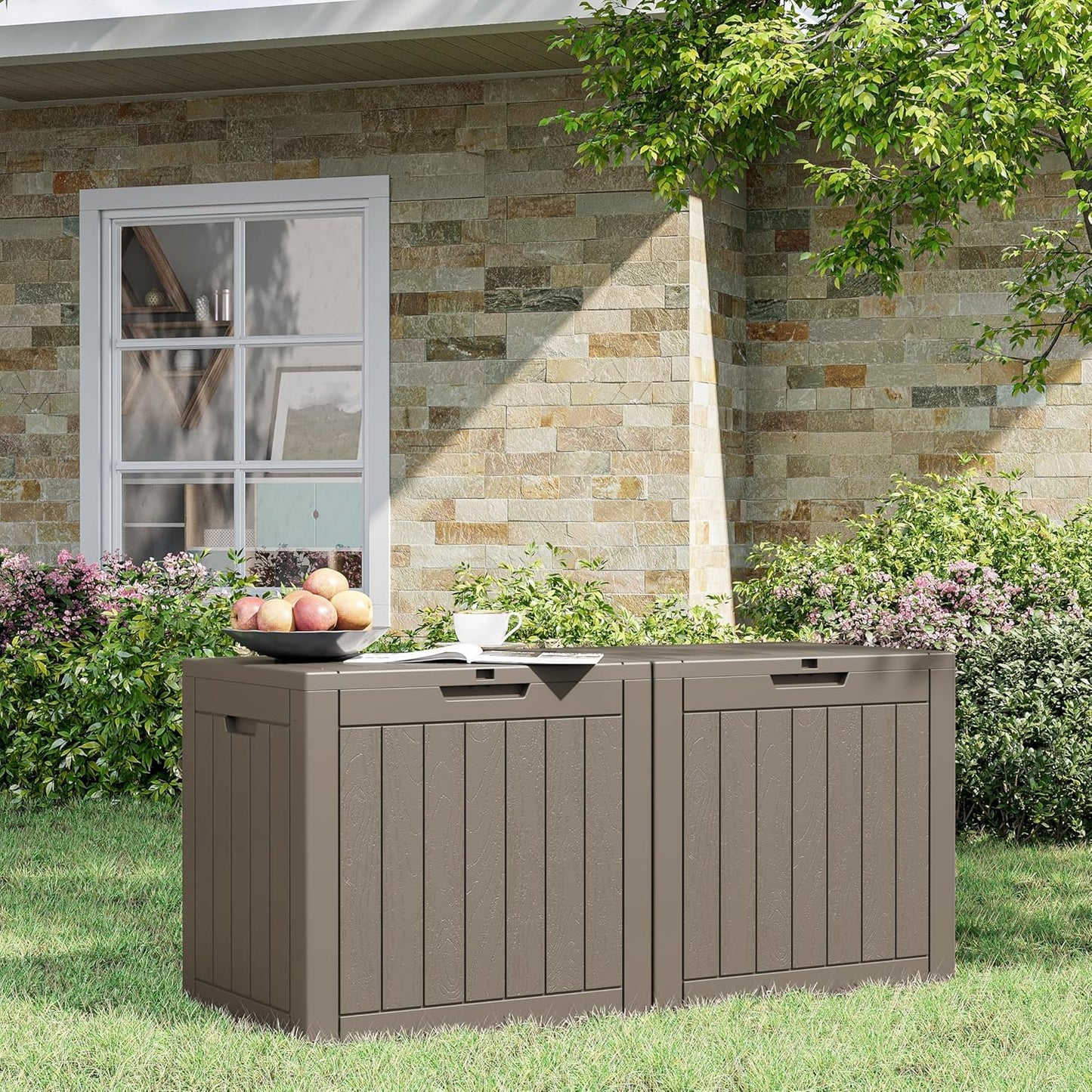 32 Gallon Deck Box Lockable Resin Indoor Outdoor Storage Box waterproof Outdoor Container for Patio Furniture, Pool Accessories, Cushions, Garden Tools, Sports Equipment