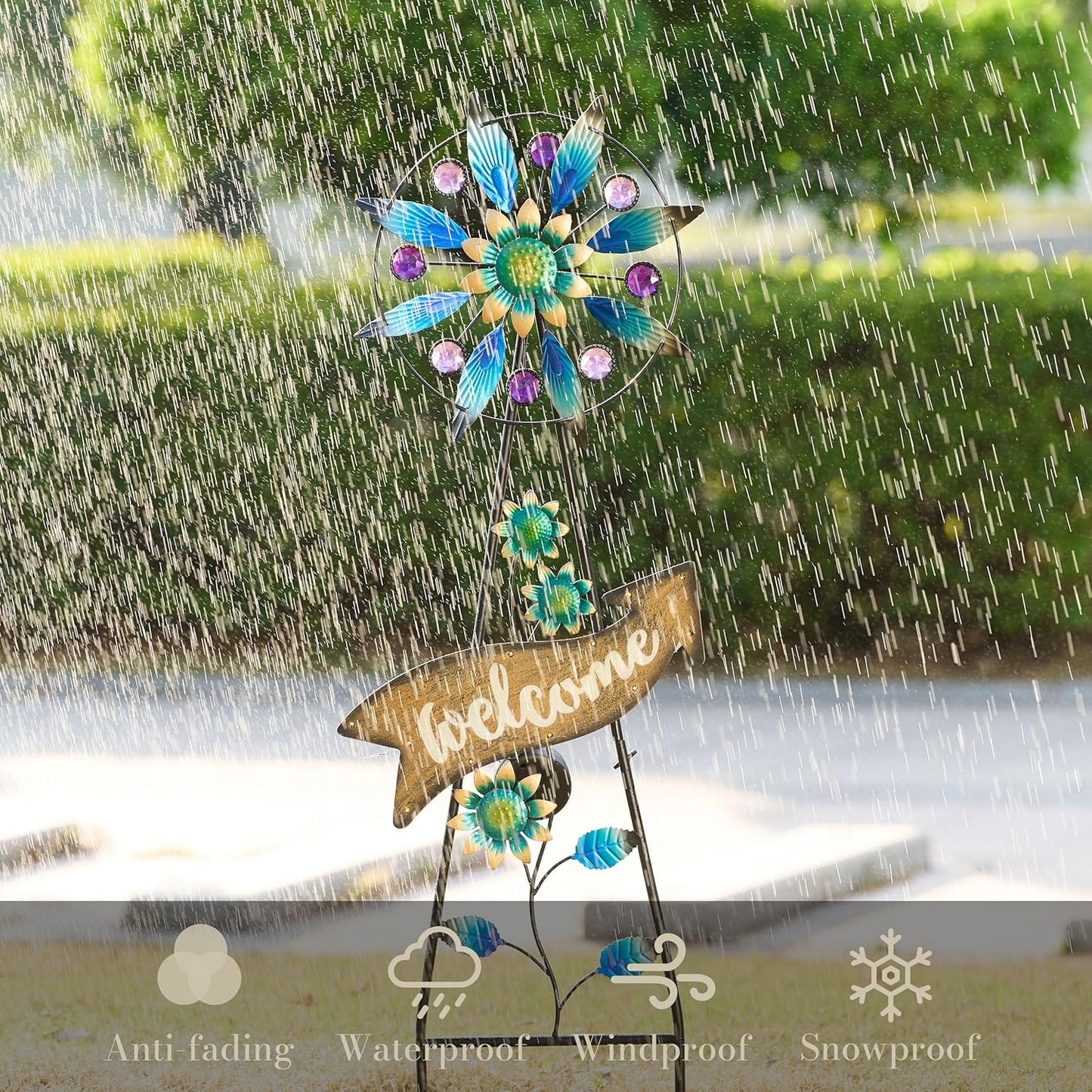 TERESA'S COLLECTIONS Peacock Garden Decor Solar Stake, Wind Spinner for Outdoor Decorations, Metal Windmill Blue Floral Yard Art Sign Decorative Garden Stake for Lawn Ornaments, Gifts for Mom, 26''