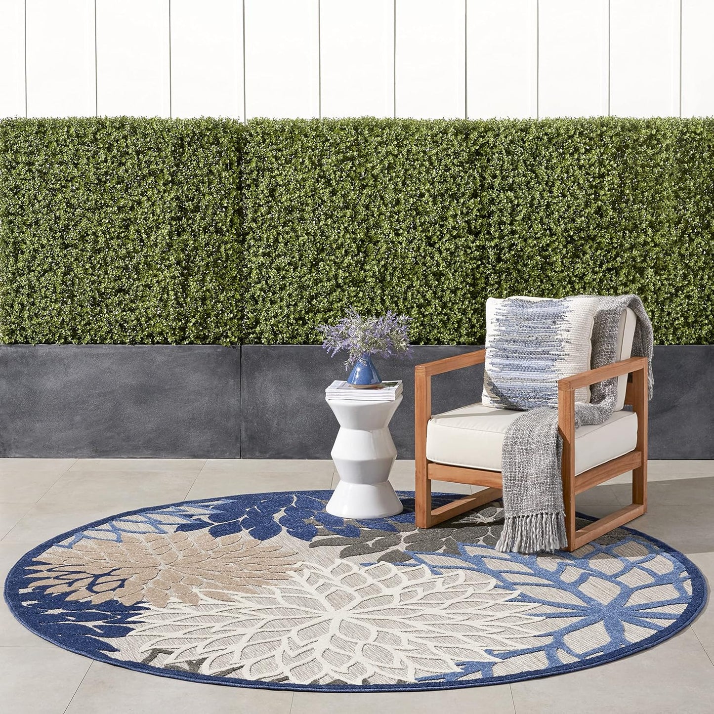 Nourison Aloha Indoor/Outdoor Blue/Multicolor 7'10" x Round Area Rug, Tropical, Botanical, Easy Cleaning, Non Shedding, Bed Room, Living Room, Dining Room, Deck, Backyard, Patio (8 Round)