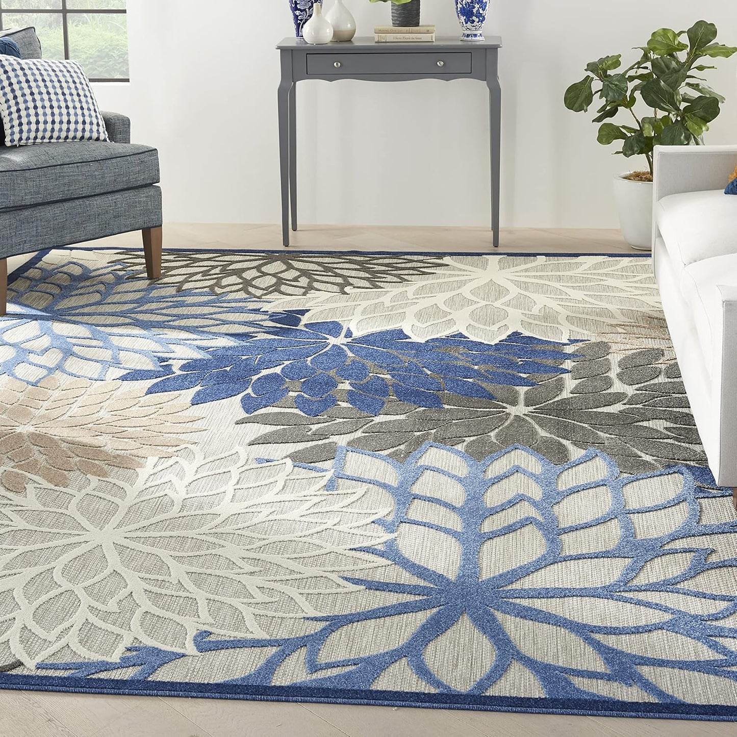 Nourison Home Aloha Indoor/Outdoor Blue/Multicolor 12' x 15' Area-Rug, Tropical, Botanical, Easy-Cleaning, Non Shedding, Bed Room, Living Room, Dining Room, Deck, Backyard, Patio (12x15)
