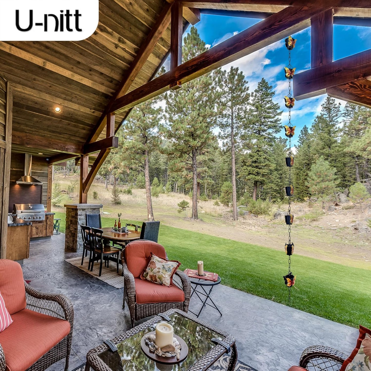 Rain Chain Water Collection for Gutters, Rainwater Catcher & Diverter, 8.5 FT Chains for Outside Garden, Butterfly Bucket Cups, Roof Downspout, Works with Heavy Rain, w/ Gutter Clip for Rainchains