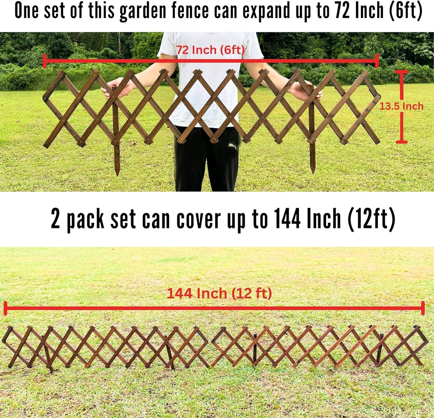 ShopLaLa Garden Fence- 2 Pack, Total 12ft (L) Wooden Lattice Flower Edging for Yard Lawn Landscape Patio Outdoor Decor, Expandable Plant Garden Trellis, Animal Barrier Fence No Dig Panel for Small Dog