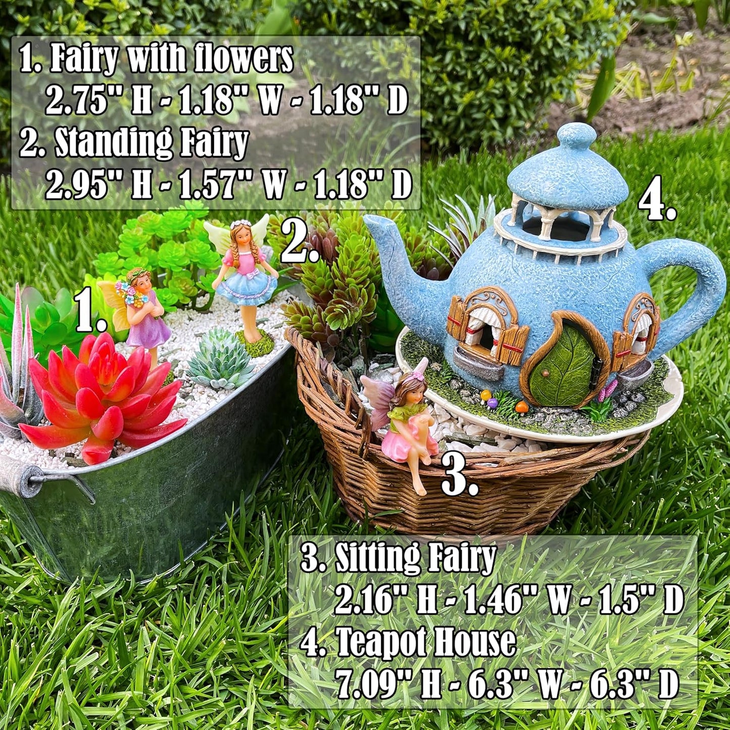 Mood Lab Fairy Garden Miniature Teapot House Kit - Figurines and Accessories Set of 4 pcs - 7.1 Inch Tall House