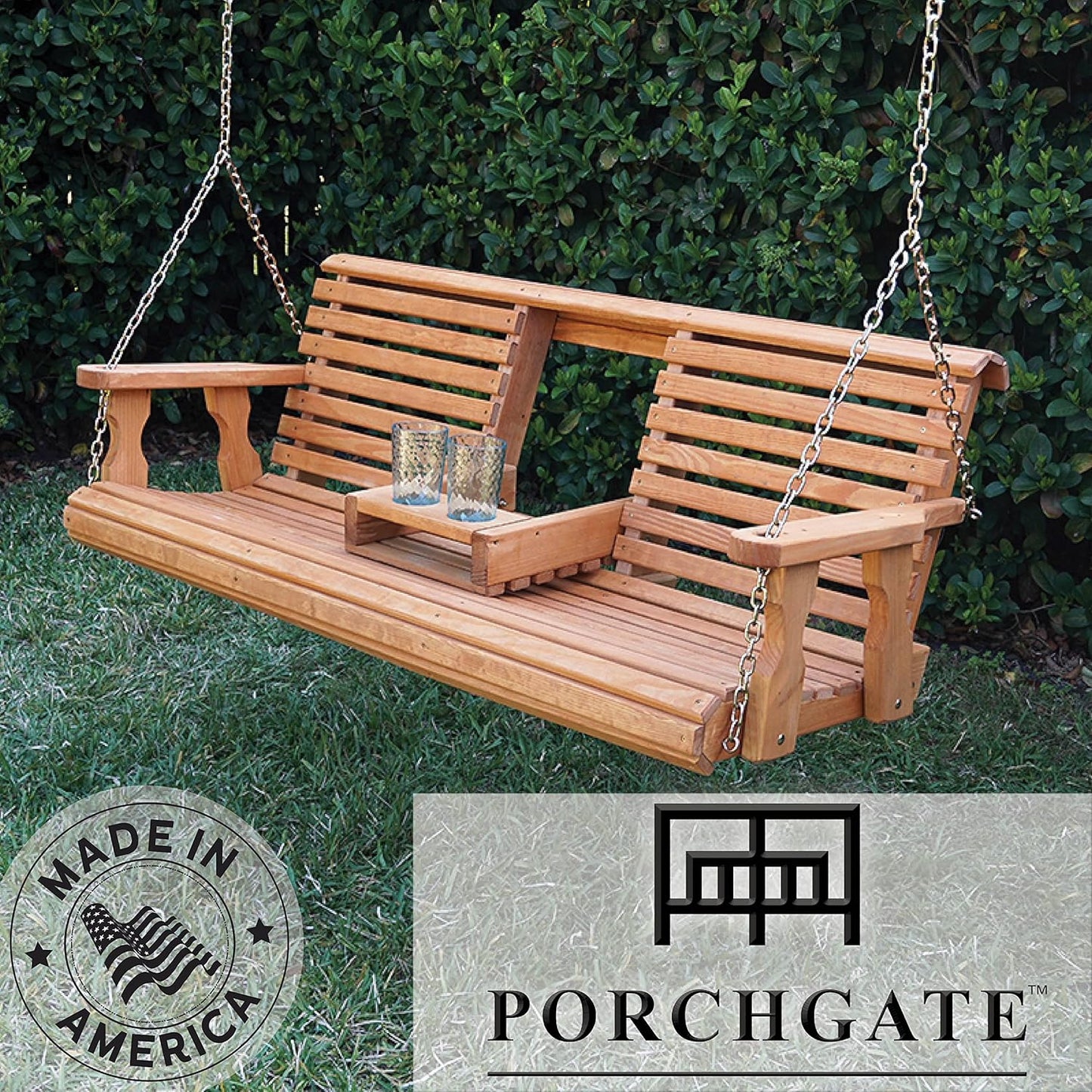 Porchgate Amish Heavy Duty Console Porch Swing with Fold Down Cup Holders in Cedar Stain - Amish Made in The USA from Treated Pine, Hanging Chains Included