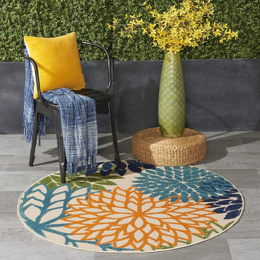 Nourison Aloha Indoor/Outdoor Multicolor 5'3'' x Round Area--Rug, Tropical, Botanical, Easy--Cleaning, Non Shedding, Bed Room, Living Room, Dining Room, Deck, Backyard, Patio (5 Round)