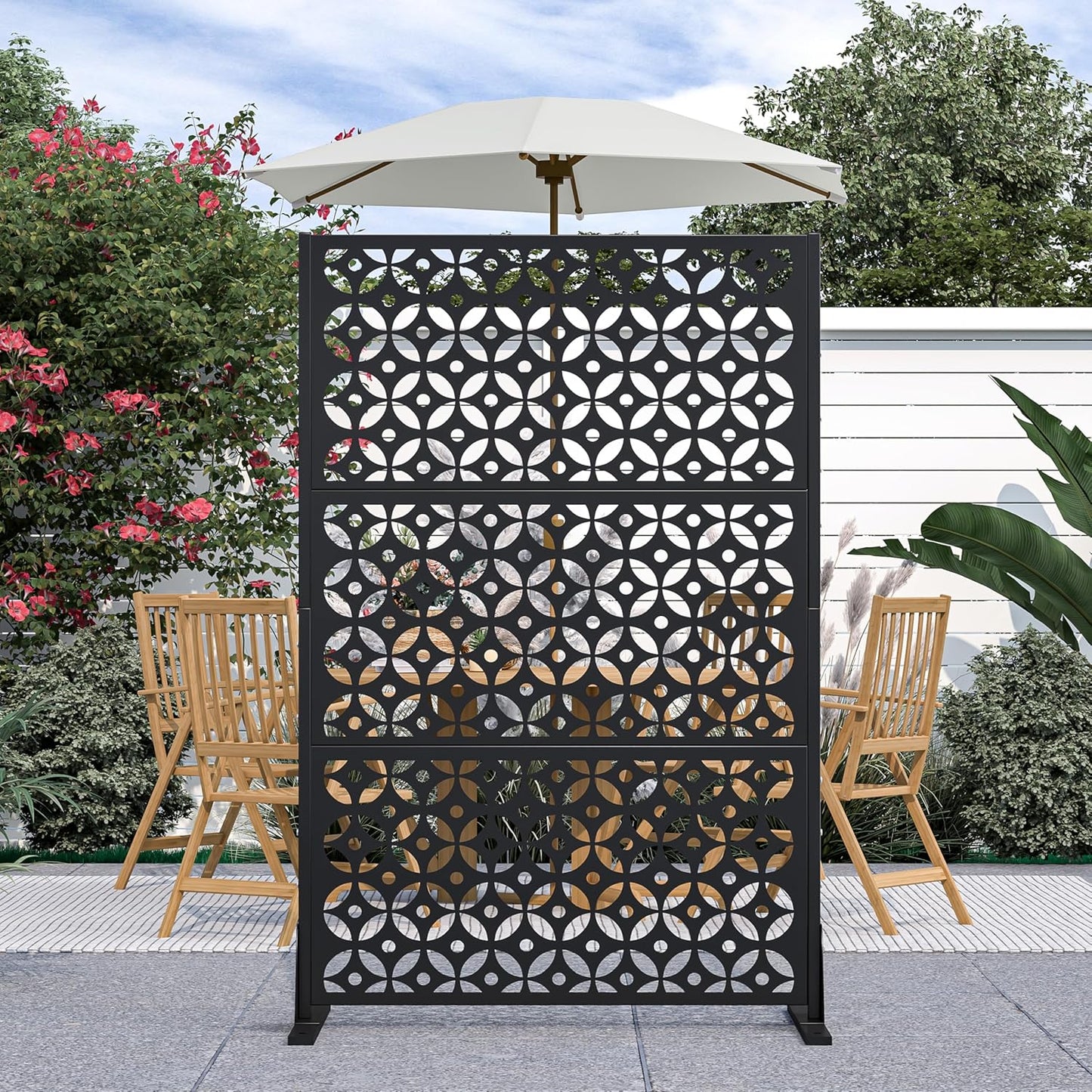 Metal Privacy Screen Outdoor 72" H×47" W,Freestanding Decorative Privacy Screen for Balcony Yard&Garden,Privacy Fence-Black&Louvered