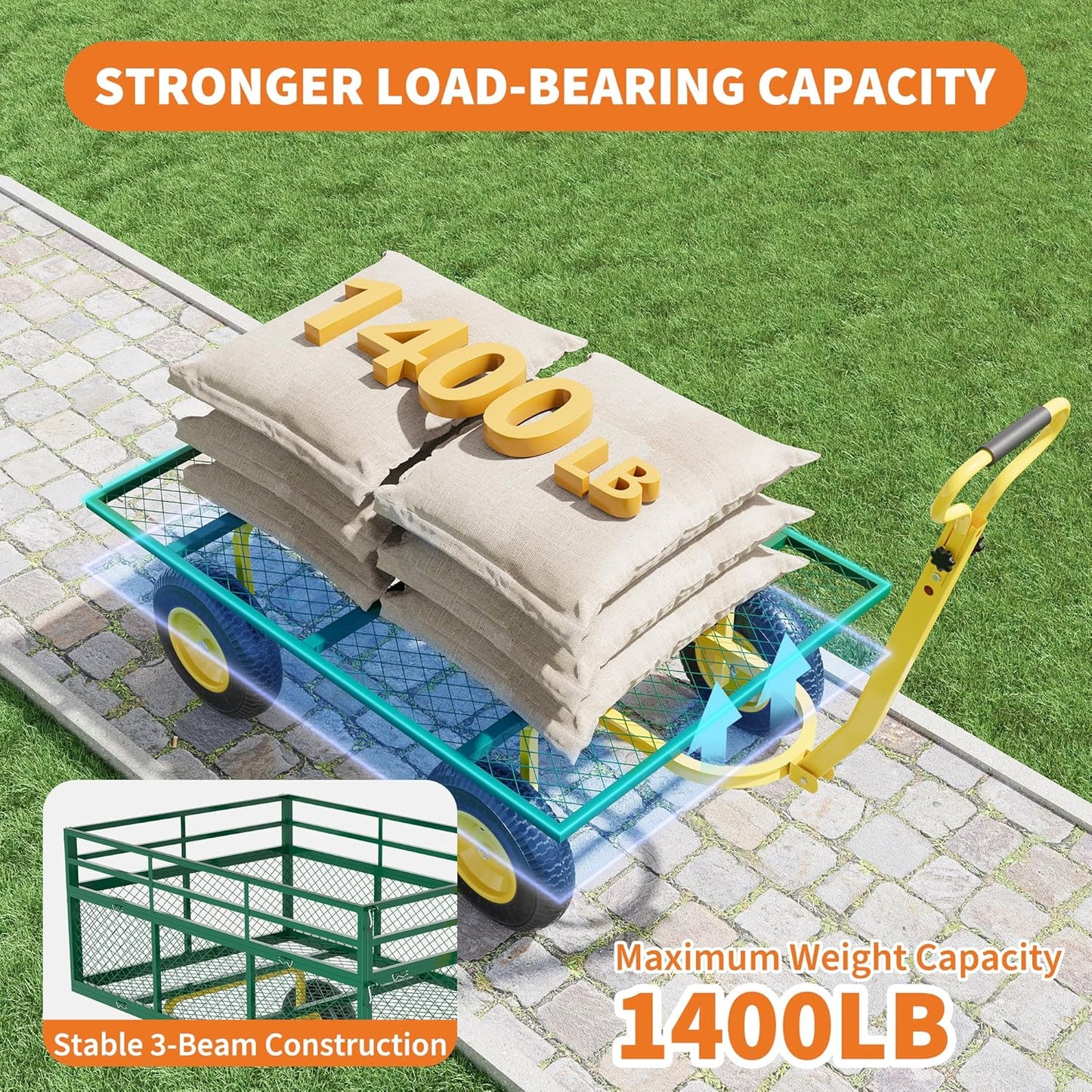 3-in-1 Heavy-Duty Steel Garden Cart, 1400 Lbs Garden Wagon, with 13 Inch All-Terrain Tires and Removable Mesh Side Panels, 180° Rotating Handle, Metal Multi-Function Carts, Outdoor Gardens Wagon Cart