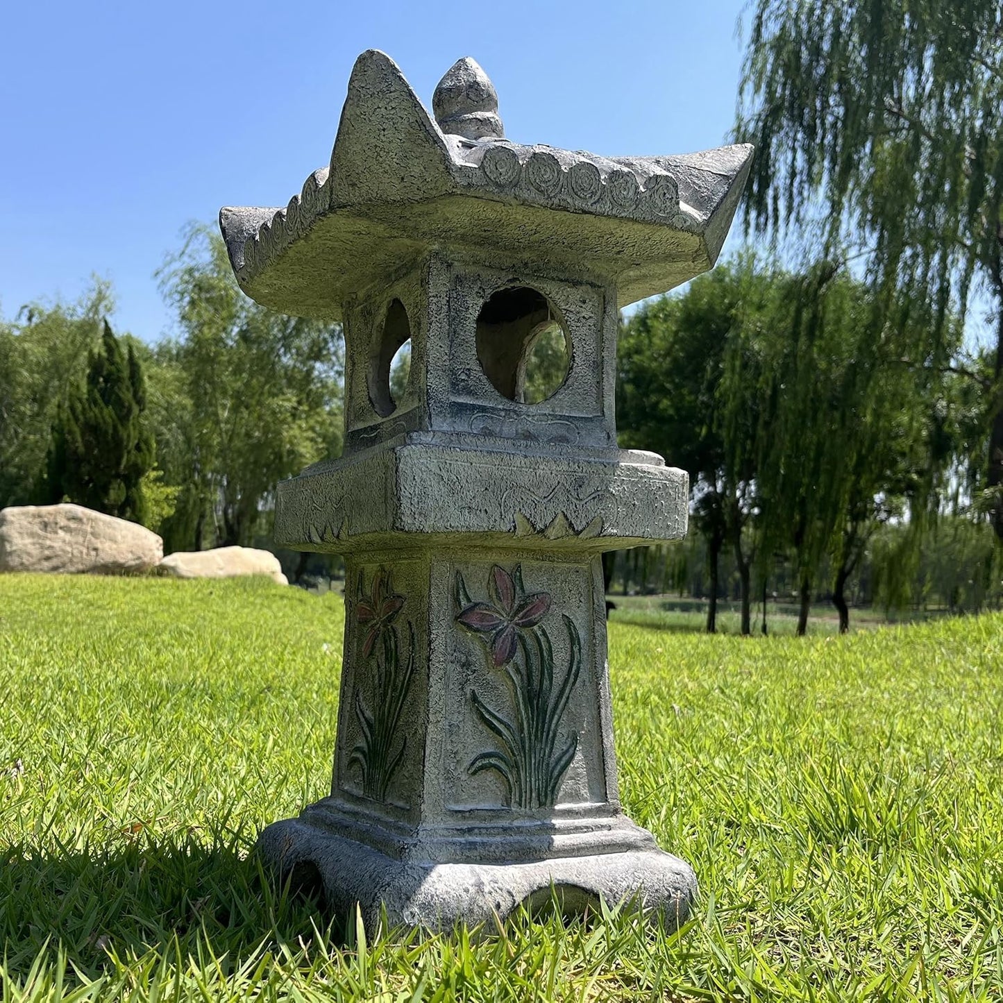 23.6’’High Asian Orchid Pagoda Statue Miniature Tower Lantern Garden Decoration Figurines Outdoor Japanese Decoration Zen Courtyard Landscape