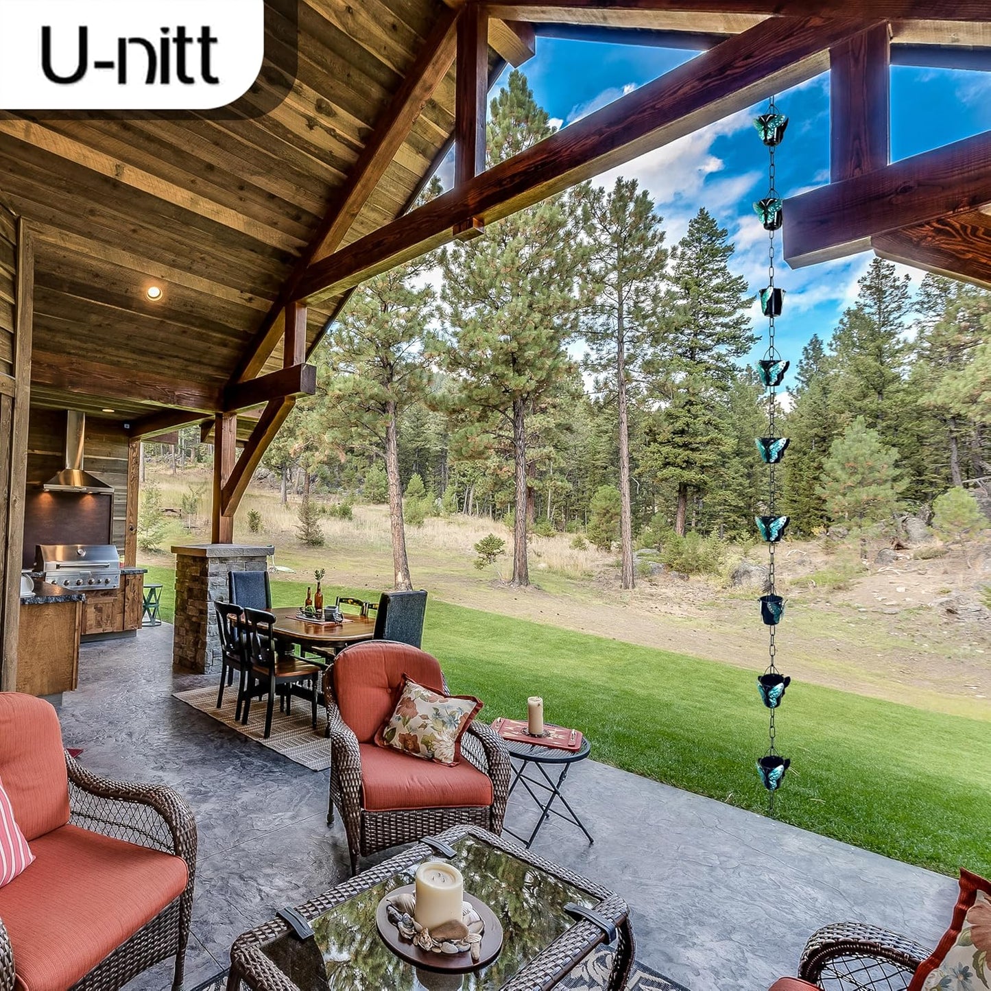 Rain Chain Water Collection for Gutters, Rainwater Catcher & Diverter, 8.5 FT Chains for Outside Garden, Butterfly Bucket Cups, Roof Downspout, Works with Heavy Rain, w/ Gutter Clip for Rainchains