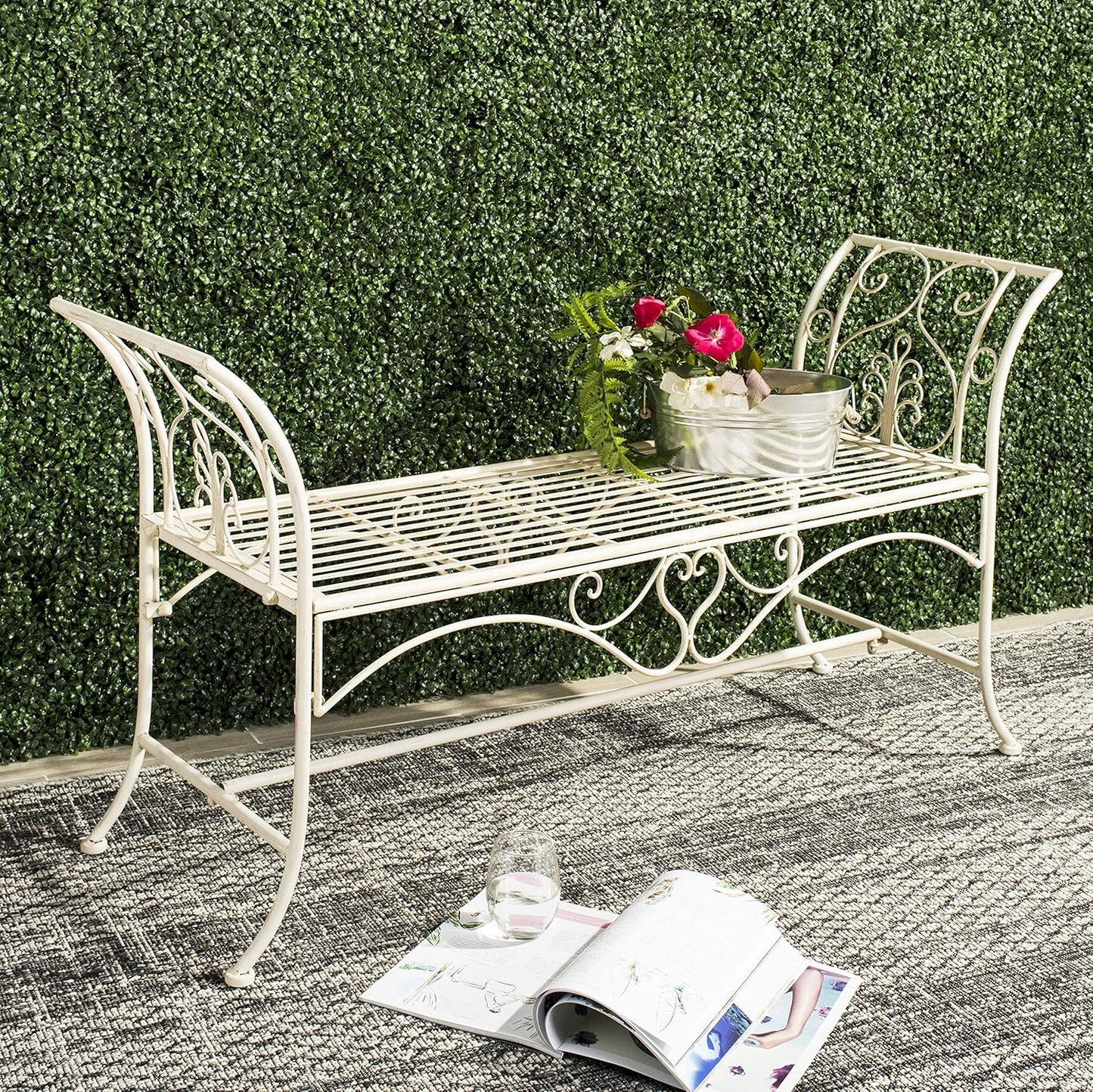 SAFAVIEH PAT5016A Collection Arona Antique White Wrought Iron 51" Outdoor Garden Bench