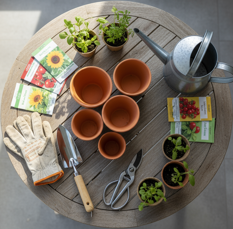 circle photo of garden supplies, make  a real photo